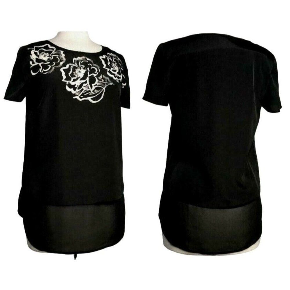 Kensie White Rose Floral Neckline Black Pullover Short Sleeve Blouse Top  Sz S